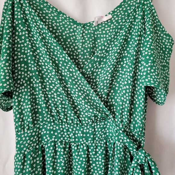 Sienna Sky XS Green White Print Wrap layered dress Cold Shoulder Side Tie Lined - Picture 9 of 14